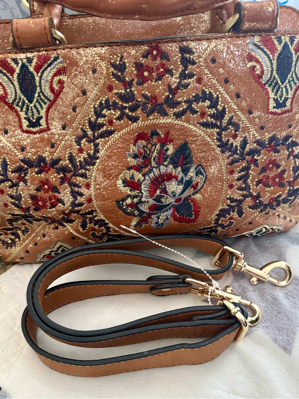 PATRICIA NASH Angelin Italian Leather Embroidered Gold Foil Satchel Bag EUC - Picture 3 of 8